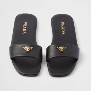 Prada Triangle Logo Slide Sandals in Black Size 36 New